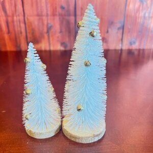 Bottle Brush white Christmas Trees With Bells 5" & 6" Set Of 2 Decorative bristl
